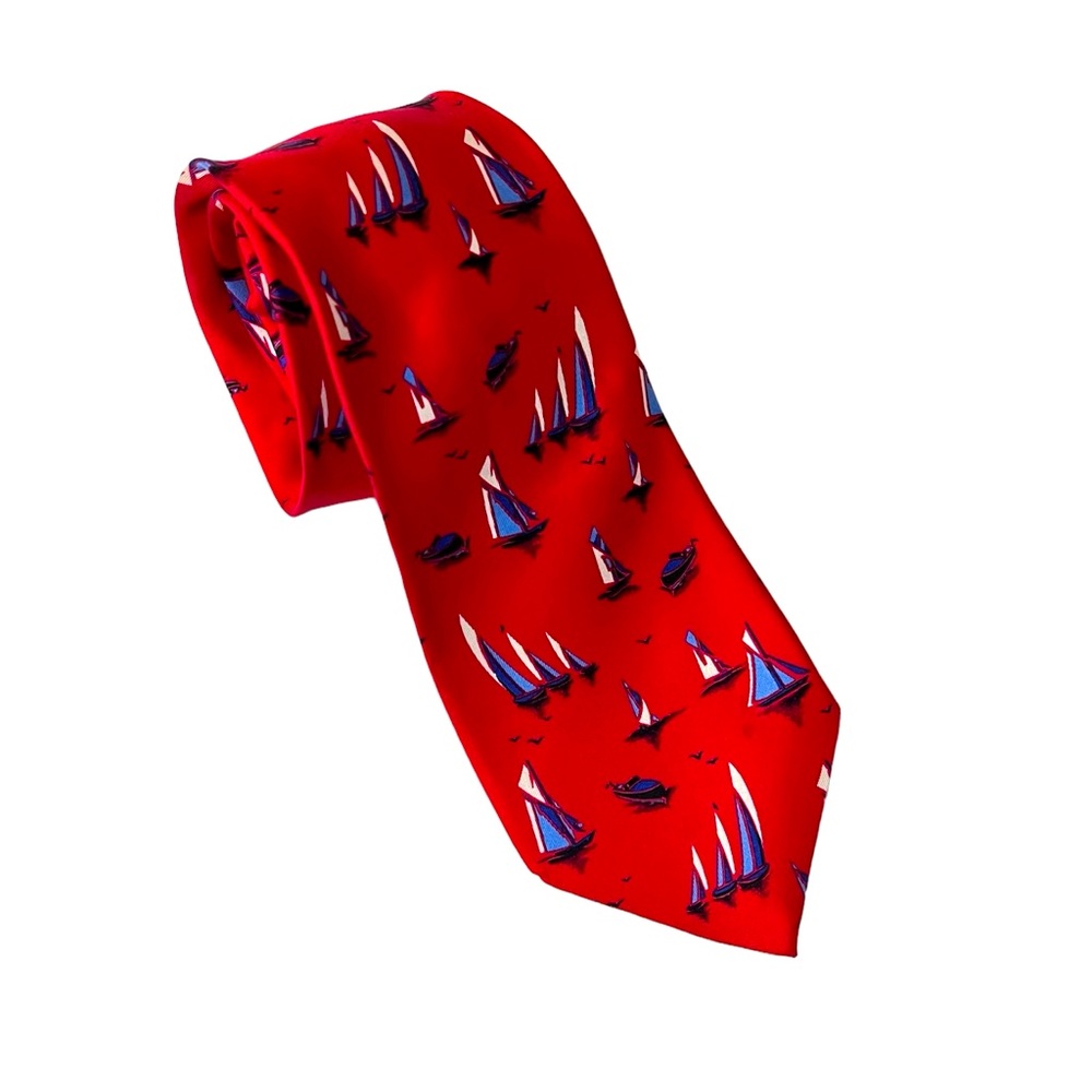 Vintage Christian Dior Red Sailboat Sailing Regatta Nautical Silk Tie